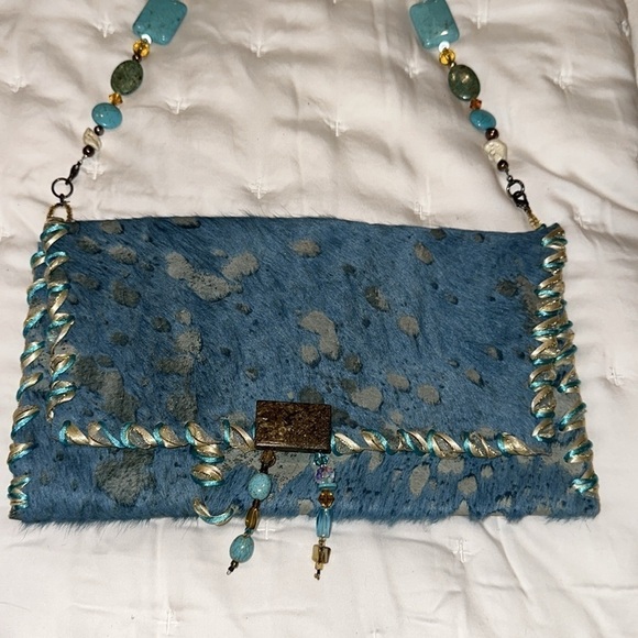 Handmade Genuine Hair-on-calf hide Cowprint & turquoise cross Bag